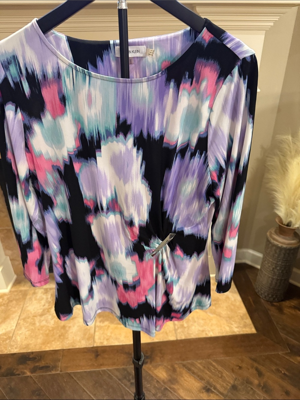 Calvin Klein Black Long Sleeve Top with Lavender, Pink & Aqua Brushstroke Print